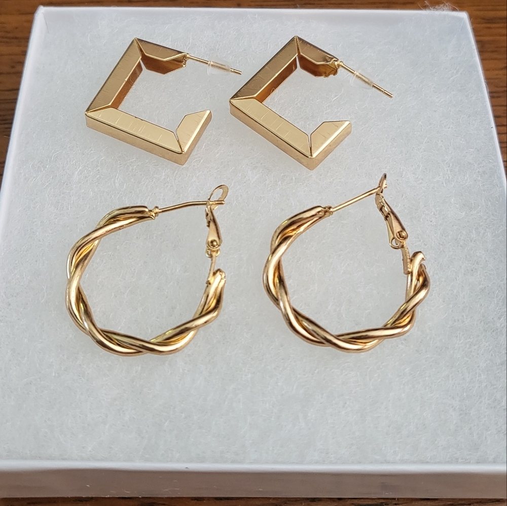 Gold Hoop and Geometric Earrings Set